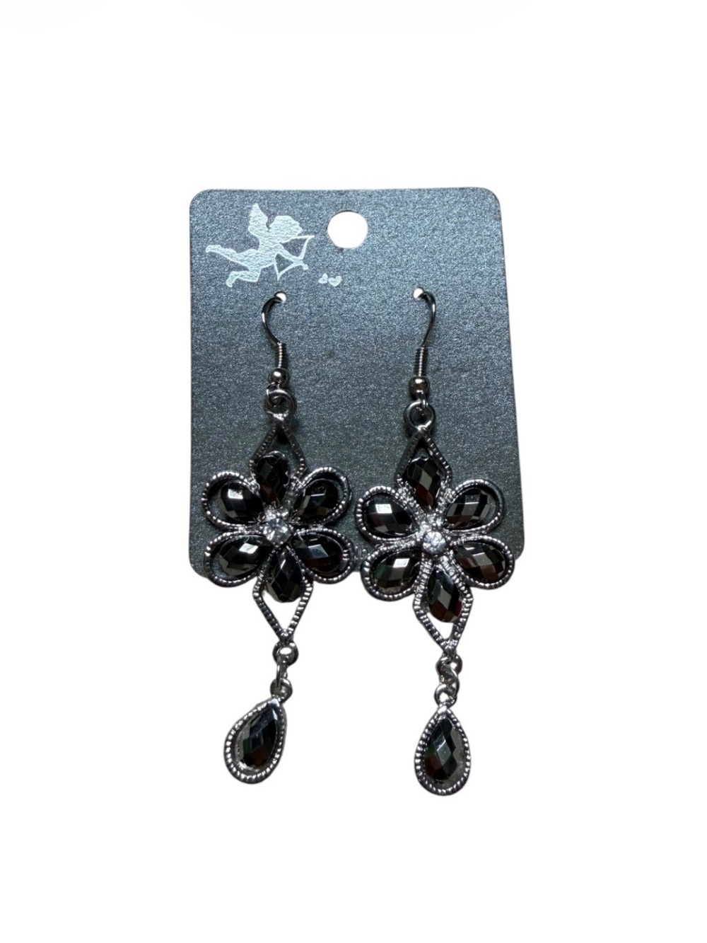 Silver Flower Rhinstone Dangle Earrings